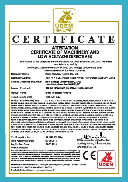 CHINA Wuxi Wondery Industry Equipment Co., Ltd certificaten